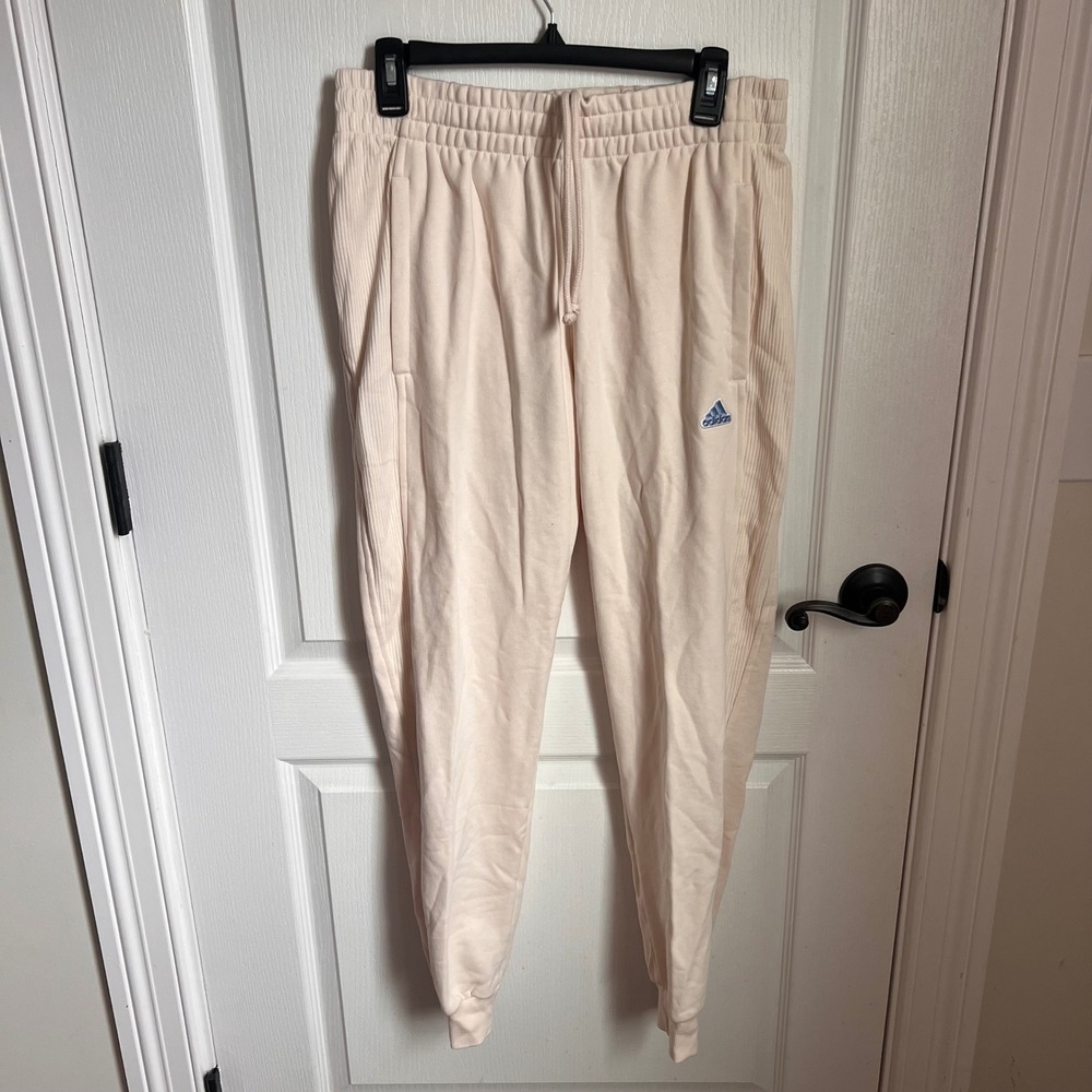Adidas Men's Medium Wonder White Ribbed Jogger Pants Sportswear‎ Casual Comfort
